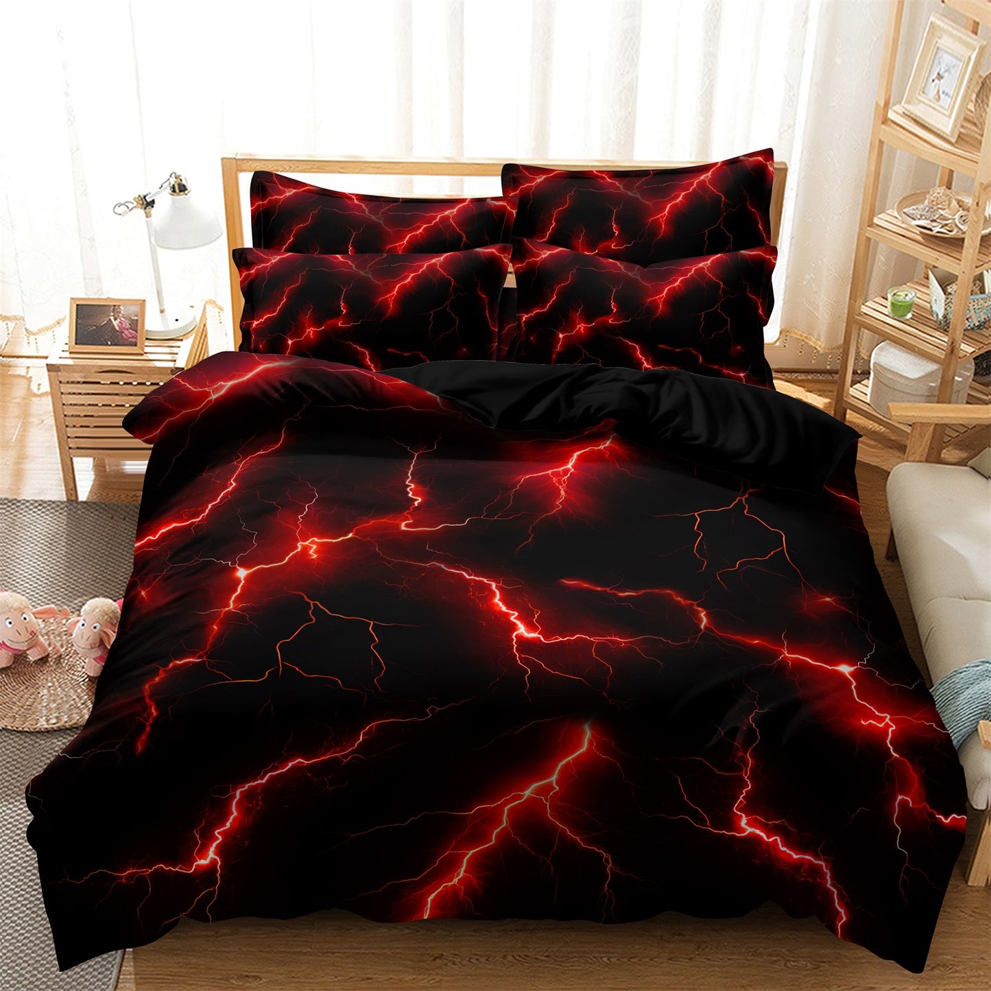 Dreammers 3D Red Lightning Duvet Cover Set, Cool Storm Soft Bedding Set with Pillowcases