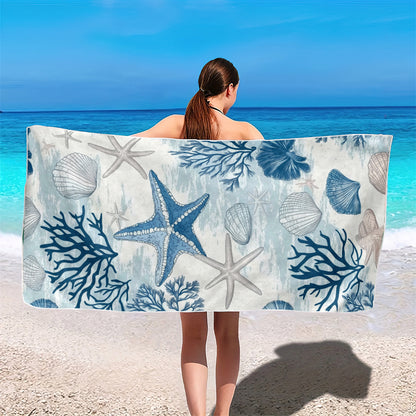 Dreammers Blue White Starfish Coral Beach Towel, Coastal Ocean Quick Dry Soft Bath Towel