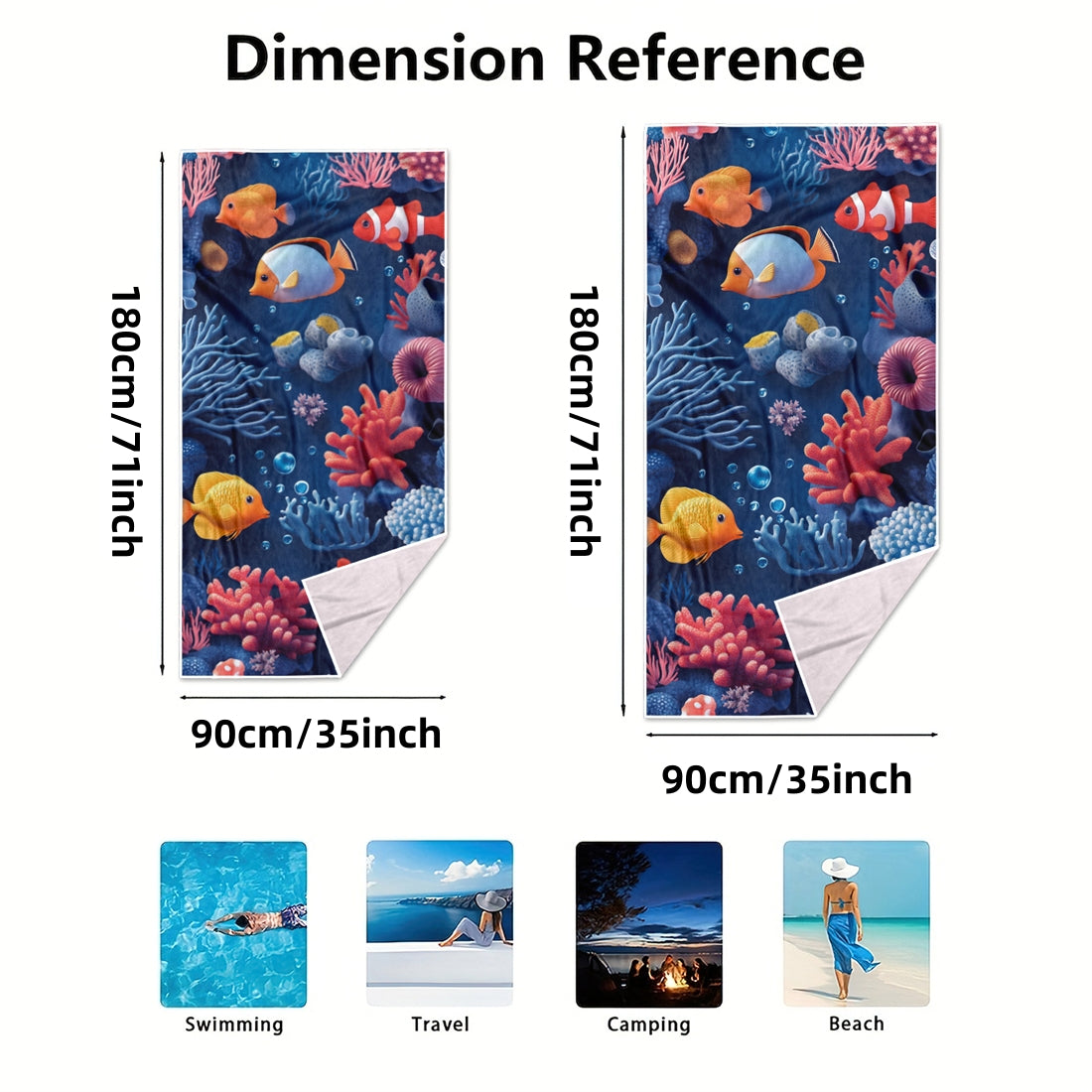 Dreammers Underwater World Coral Fish Beach Towel, Tropical Ocean Quick Dry Soft Bath Towel