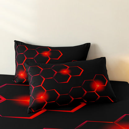 Dreammers 3D Red Honeycomb Geometric Duvet Cover Set, Futuristic Tech Soft Bedding Set with Pillowcases