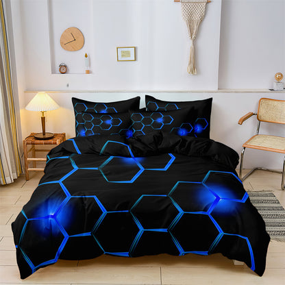 Dreammers 3D Blue Honeycomb Geometric Duvet Cover Set, Futuristic Tech Soft Bedding Set with Pillowcases