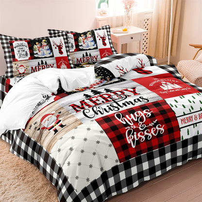 Dreammers Merry Christmas Plaid Duvet Cover Set, Festive Holiday Soft Bedding Set with Pillowcases