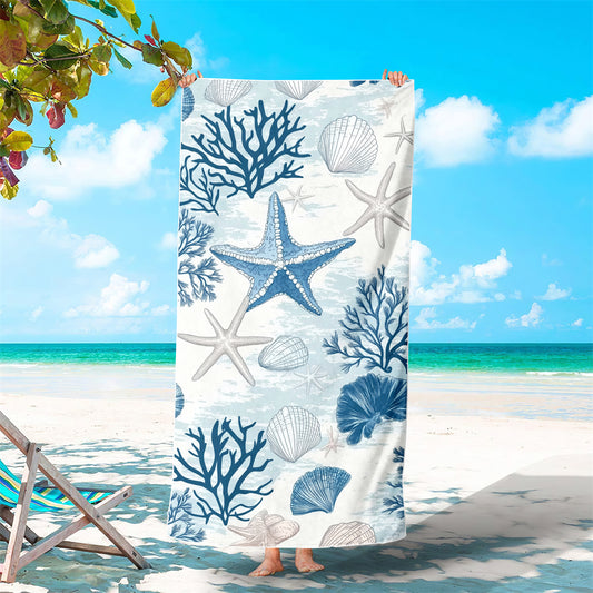 Dreammers Blue White Starfish Coral Beach Towel, Coastal Ocean Quick Dry Soft Bath Towel