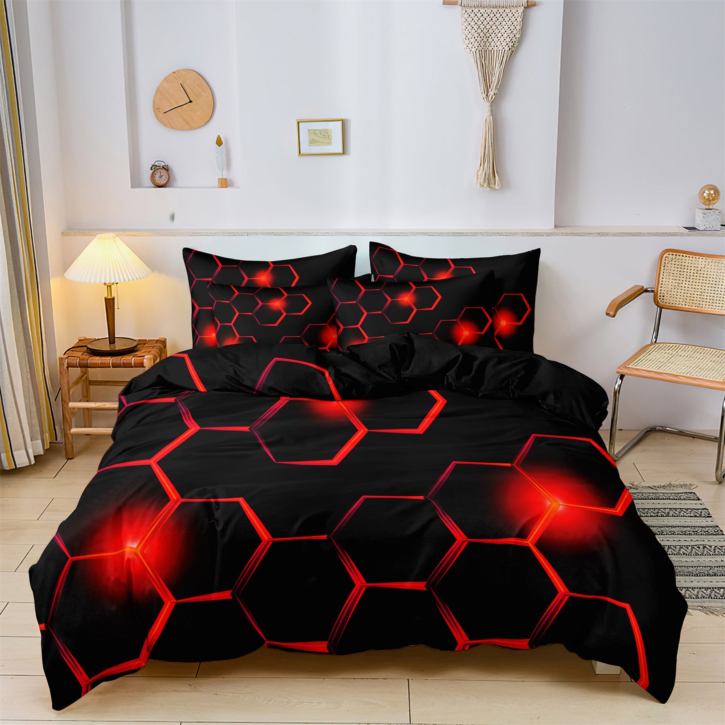 Dreammers 3D Red Honeycomb Geometric Duvet Cover Set, Futuristic Tech Soft Bedding Set with Pillowcases