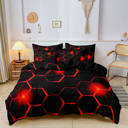 Dreammers 3D Red Honeycomb Geometric Duvet Cover Set, Futuristic Tech Soft Bedding Set with Pillowcases