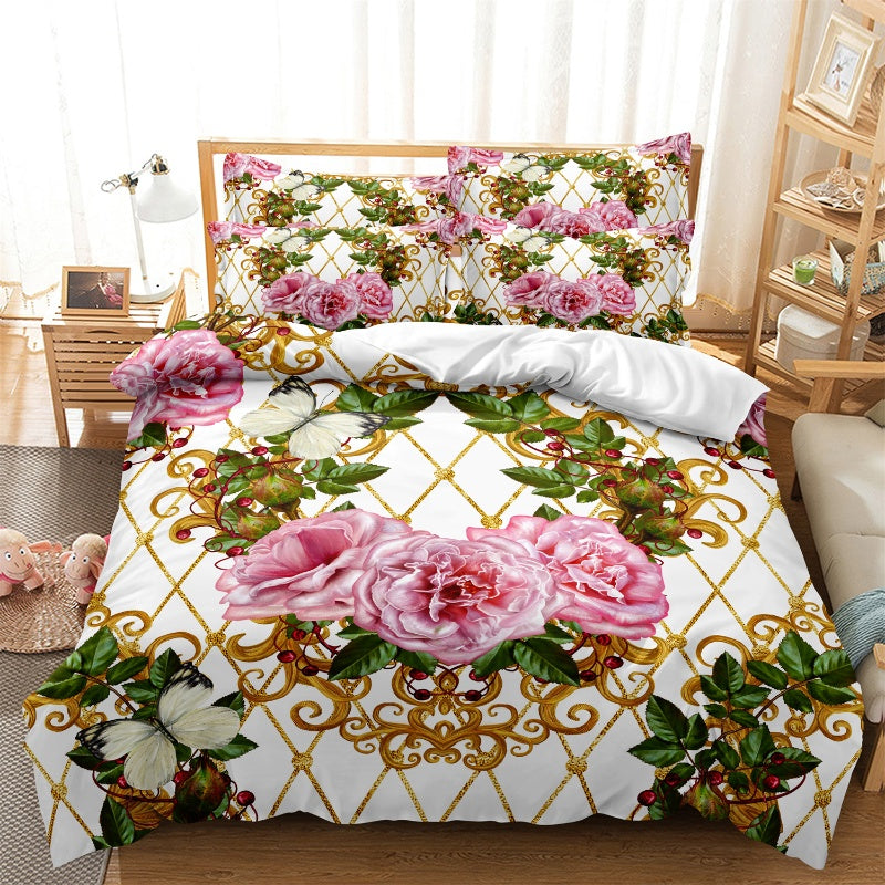 Dreammers Luxury Pink Rose Butterfly Duvet Cover Set, Elegant Floral Soft Bedding Set with Pillowcases