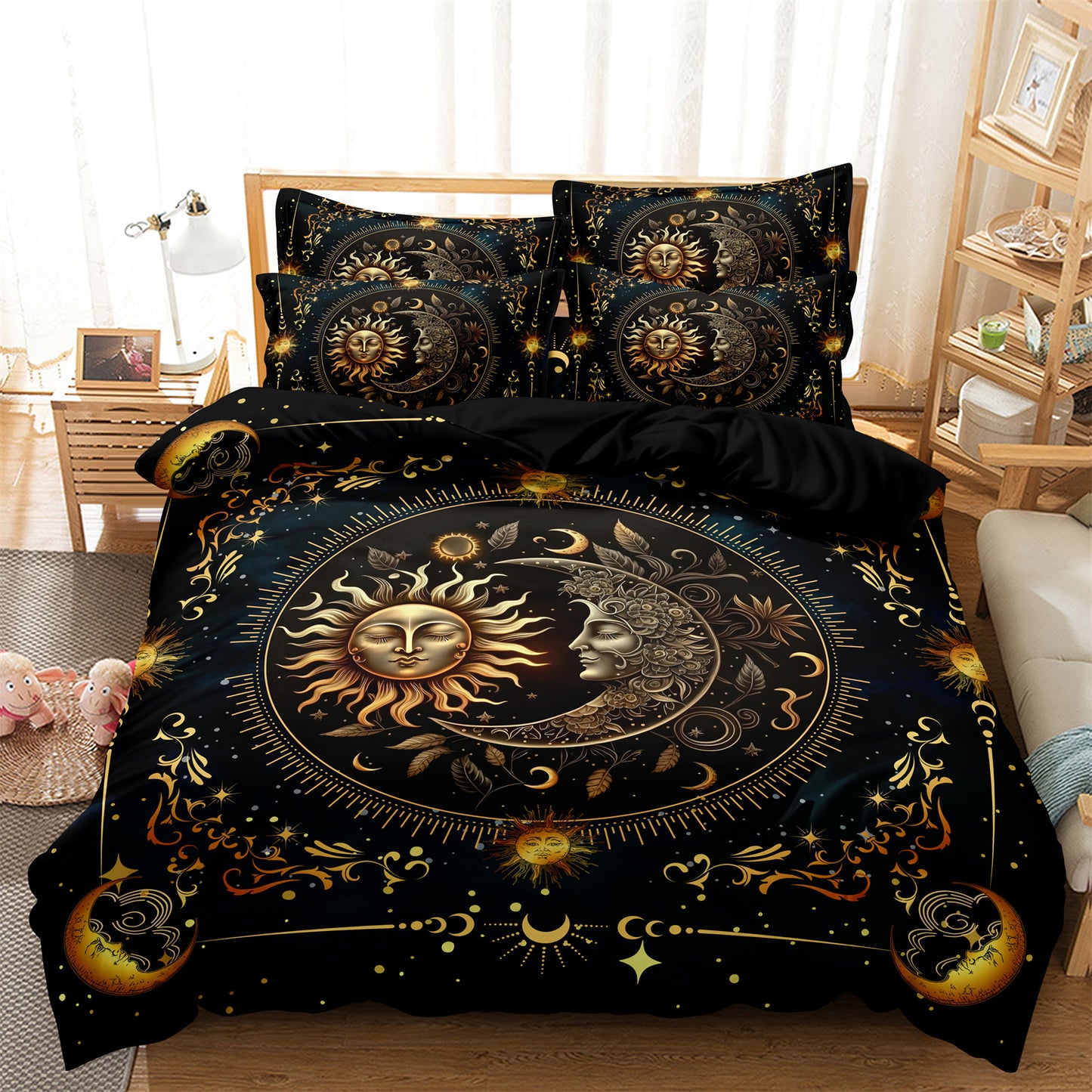 Dreammers Boho Sun Moon Tarot Duvet Cover Set, Mystical Astrology Soft Bedding Set with Pillowcases