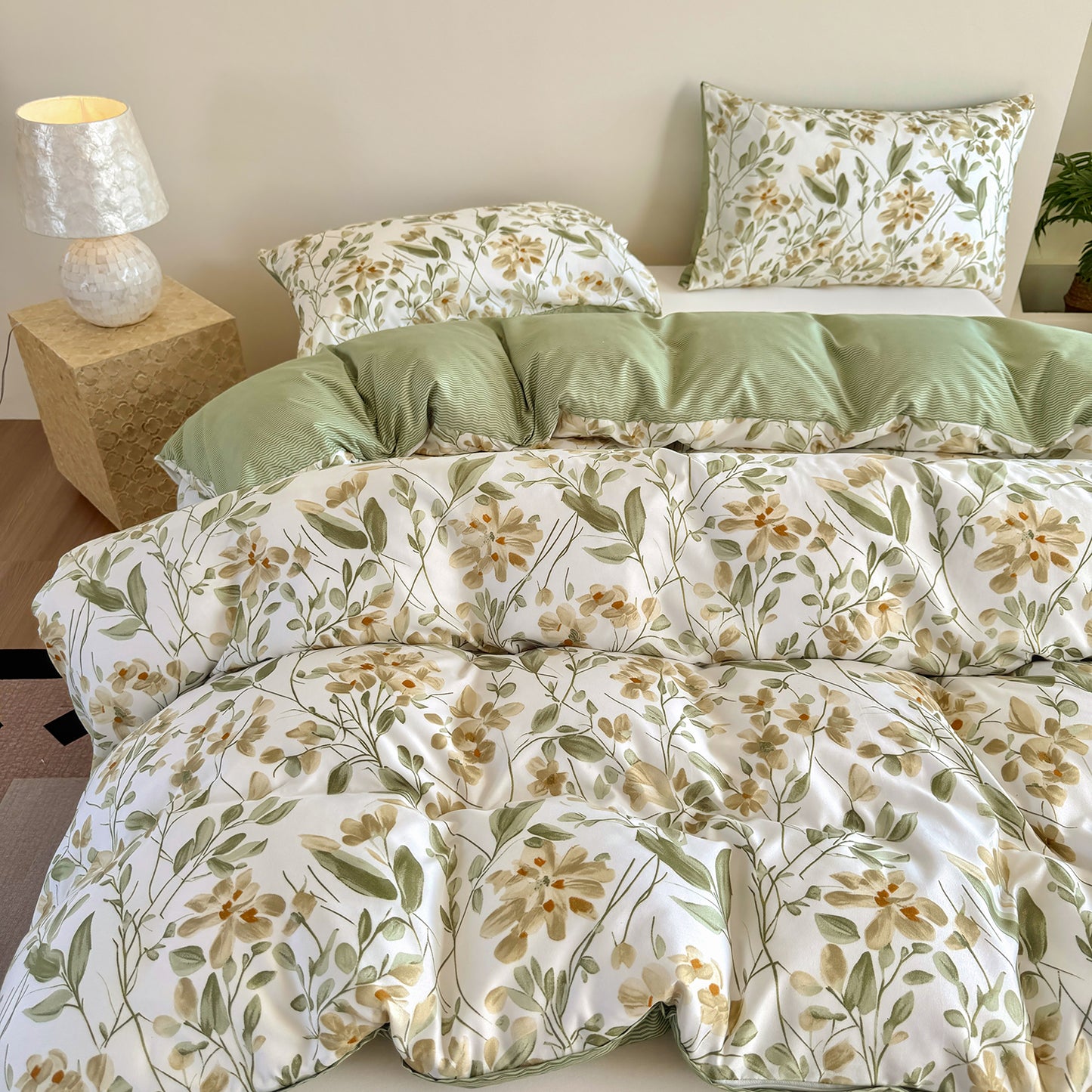 3Pcs Grass Green Double Sided Plant Printed Quilt Duvet Cover Bedding Set