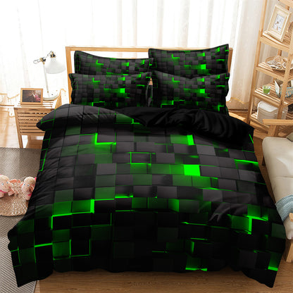 Dreammers 3D Green Black Cube Duvet Cover Set, Gamer Geometric Soft Bedding Set with Pillowcases